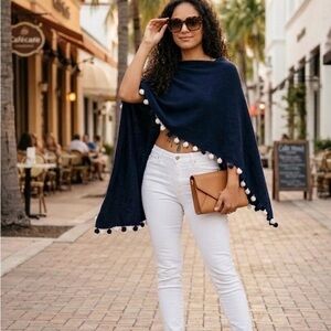 Claudia Nichole 100% Cashmere Navy Asymmetrical Poncho Pom Trim OS
